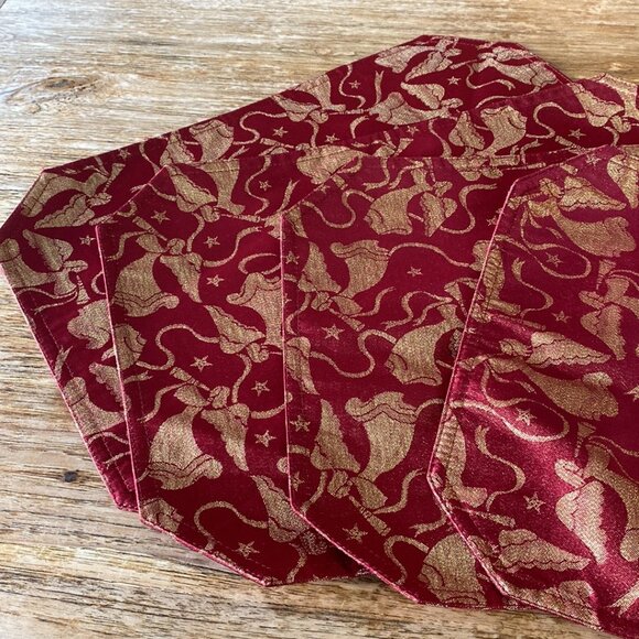 Holiday Burgundy w/Gold Glittery Angels Fabric Placemats (4) - Picture 2 of 6
